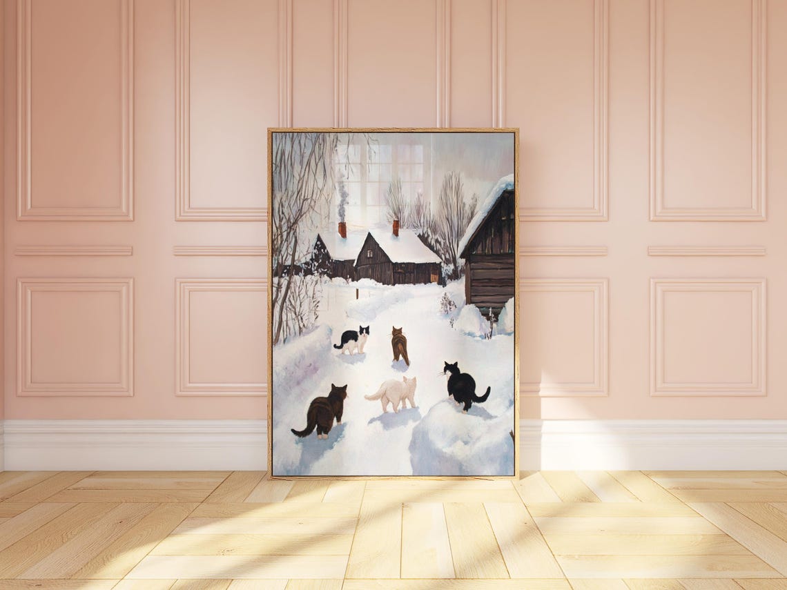 Five Cats Walking Through Snowy Village Toward Cabins Poster - Image 3