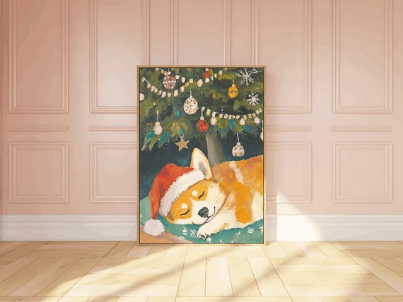 Christmas Corgi Painting Cute Corgi Winter Corgi Wall Art Custom Corgi Print Preppy Art Welsh Corgi Dog Cute Pink Decor Dog Print