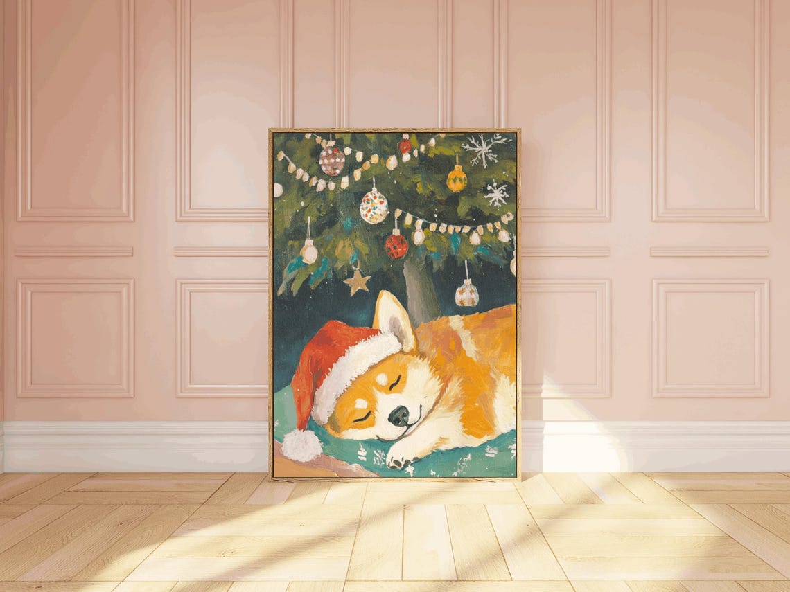 Sleeping Corgi Wearing Santa Hat Under Christmas Tree Art Poster