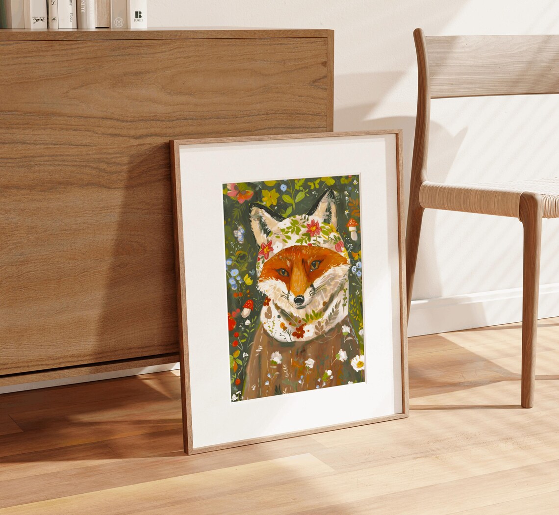 Cute Red Fox Wearing Floral Babushka Woodland Mushroom Poster - Image 2