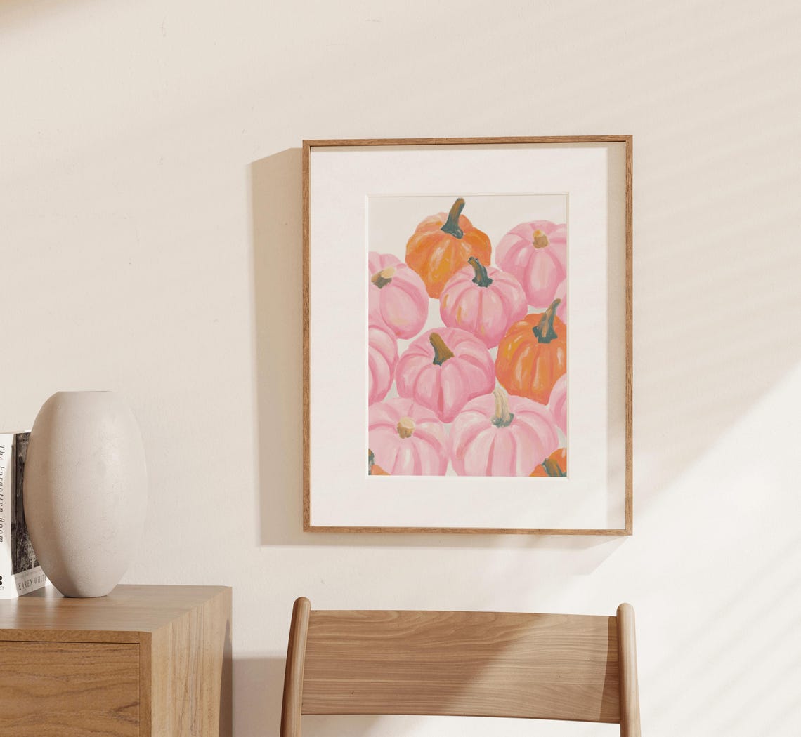 Pink Orange Pumpkins Pastel Watercolor Fall Autumn Harvest Print - Image 3