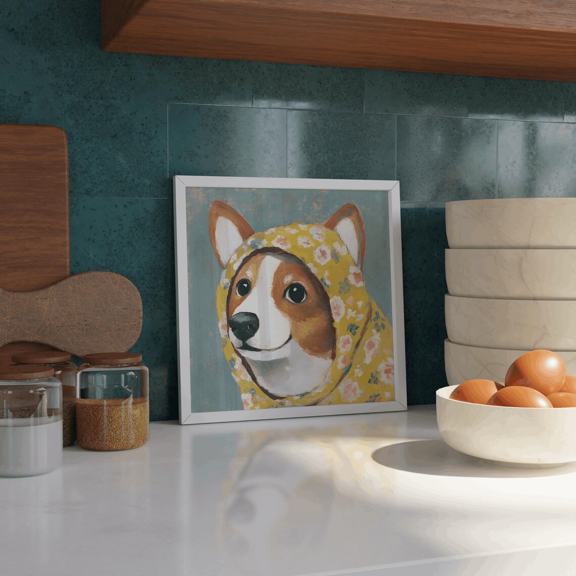 Smiling Corgi In Yellow Floral Babushka Teal Portrait Poster - Image 3