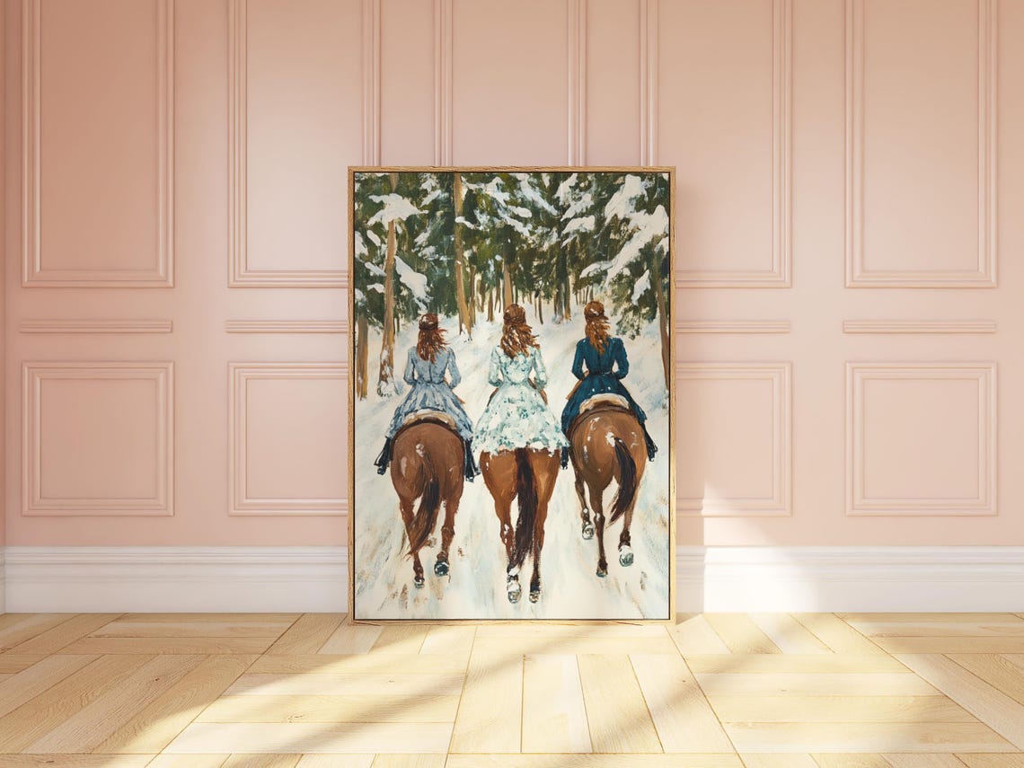 Three Women on Horseback Riding Through Snowy Pine Forest Poster - Image 3