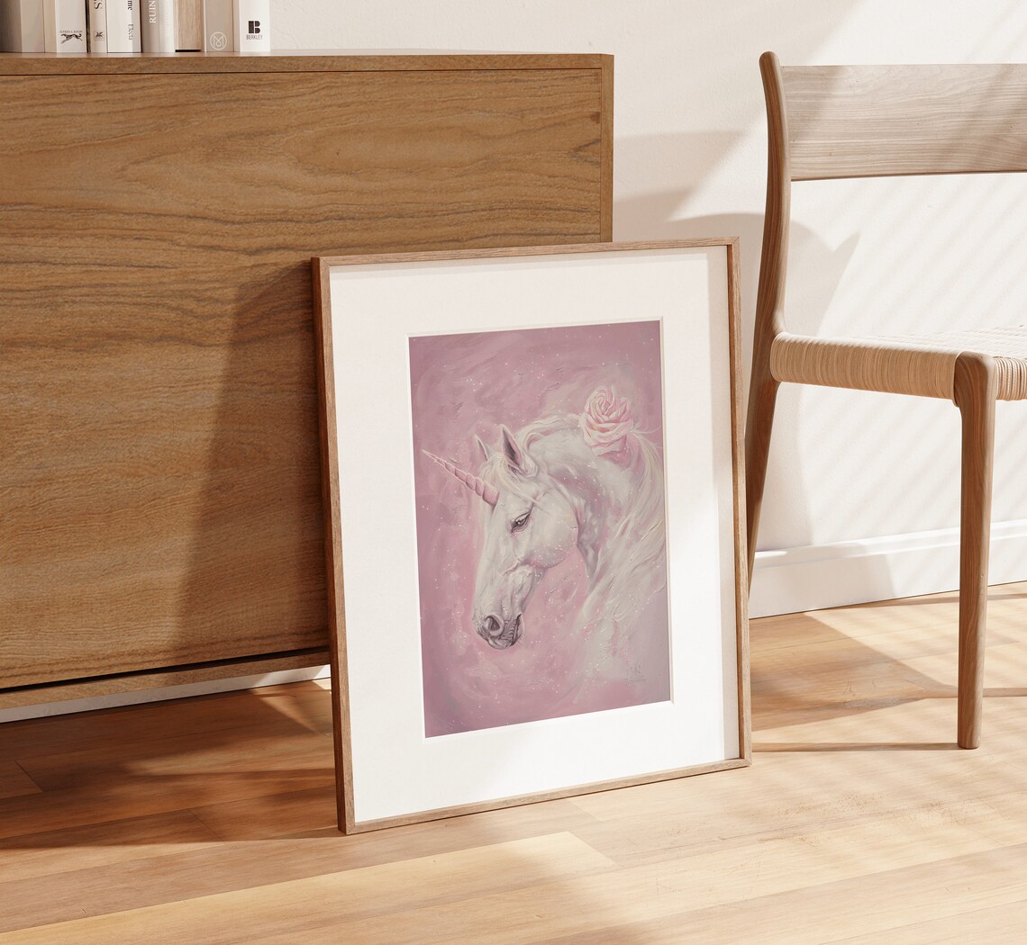 White Unicorn Portrait with Pink Roses Magical Fantasy Art Print - Image 4