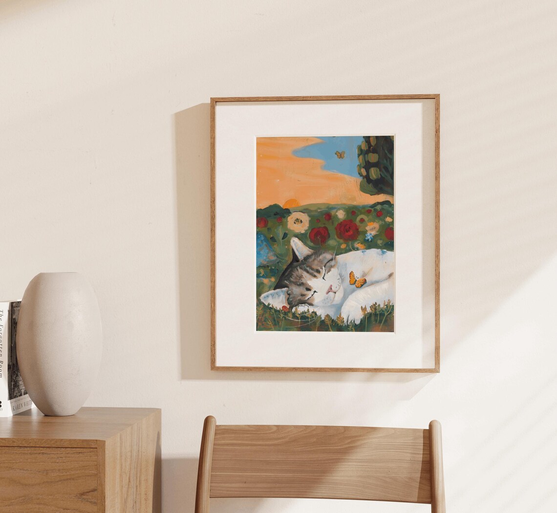 Sleeping Whimsical Cat Vintage Cat Art Print - Image 2
