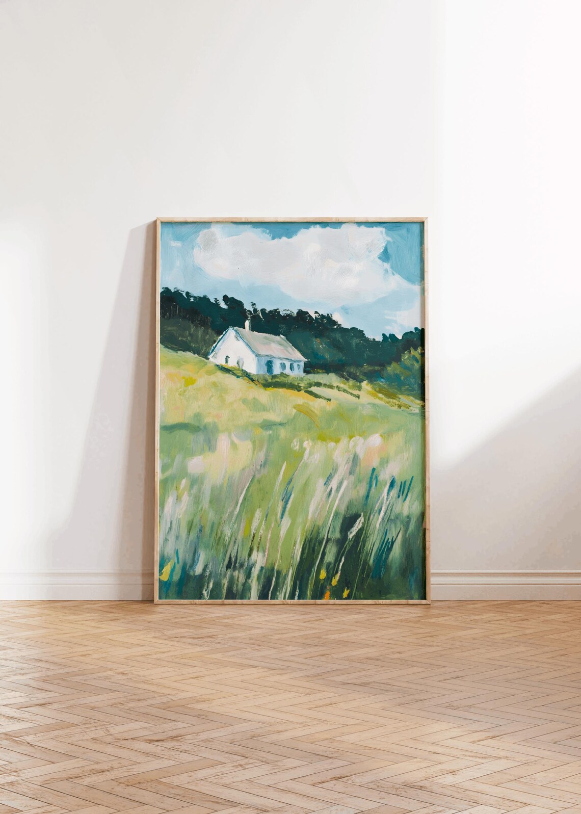 Farmhouse In Meadow Painting White Cottage Countryside Art Poster - Image 2