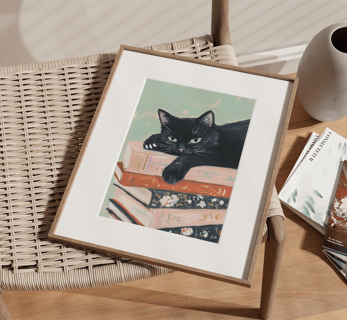 Black Cat Book Lover Art Print, Apartment Aesthetic