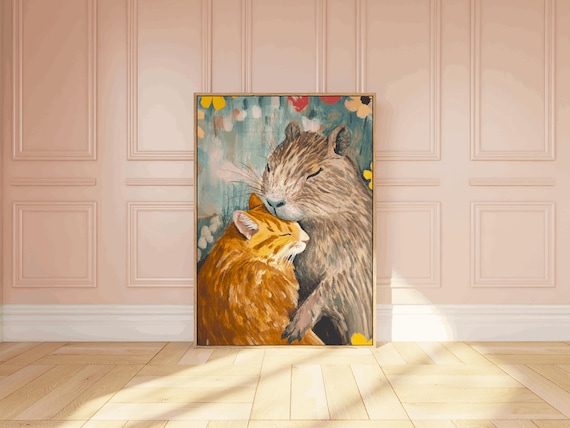 Capybara And Ginger Tabby Cat Nursery Capybara Wall Art Cute Rodent Art Capybara Vintage Painting Cute Capybara Orange Ginger Cat Art