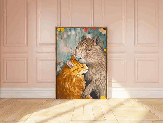 Sweet Capybara Hugging Ginger Cat Friends Floral Painting Poster