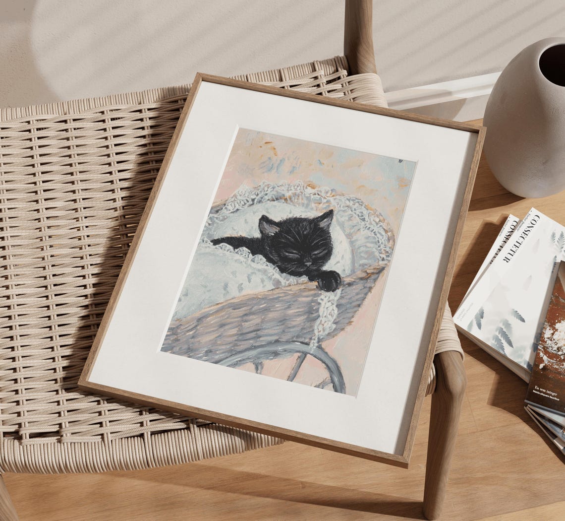 Black Kitten Napping in Wicker Pram Vintage Cottagecore Cat Art Print