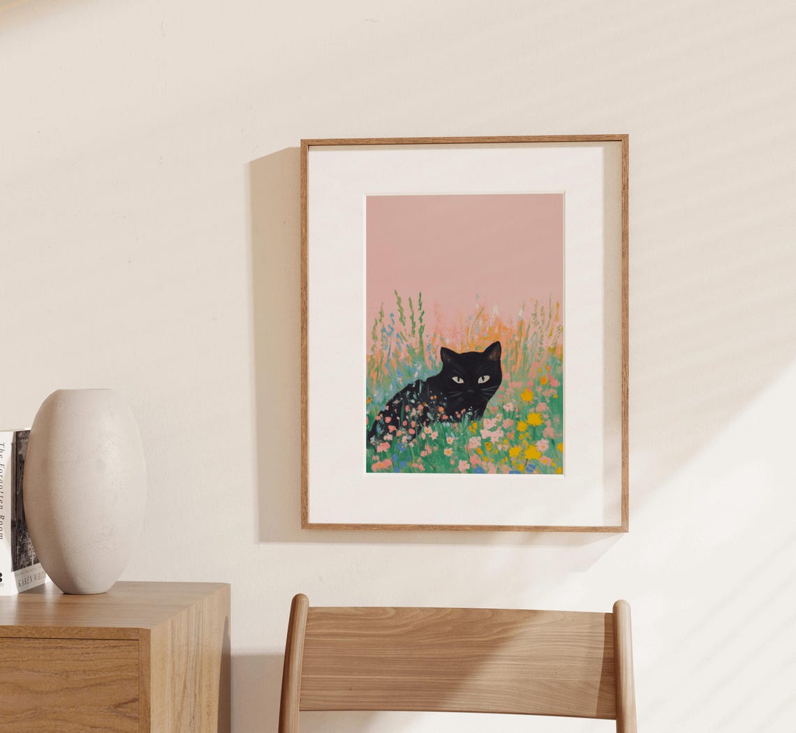 Black Cat In Wildflower Field Painting Pink Spring Cat Poster - Image 2