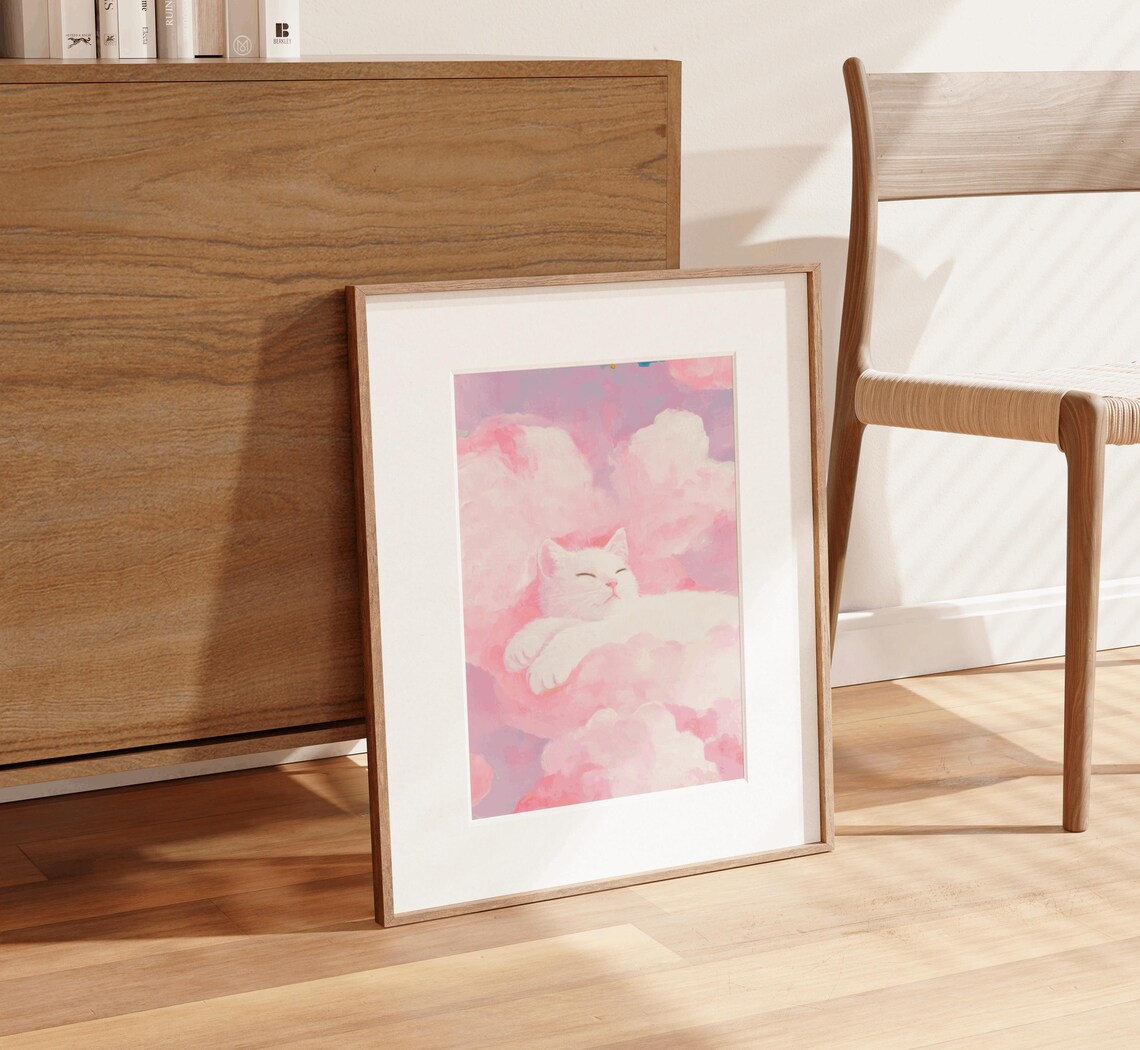 White Cat Memorial Art Print, Pink Clouds