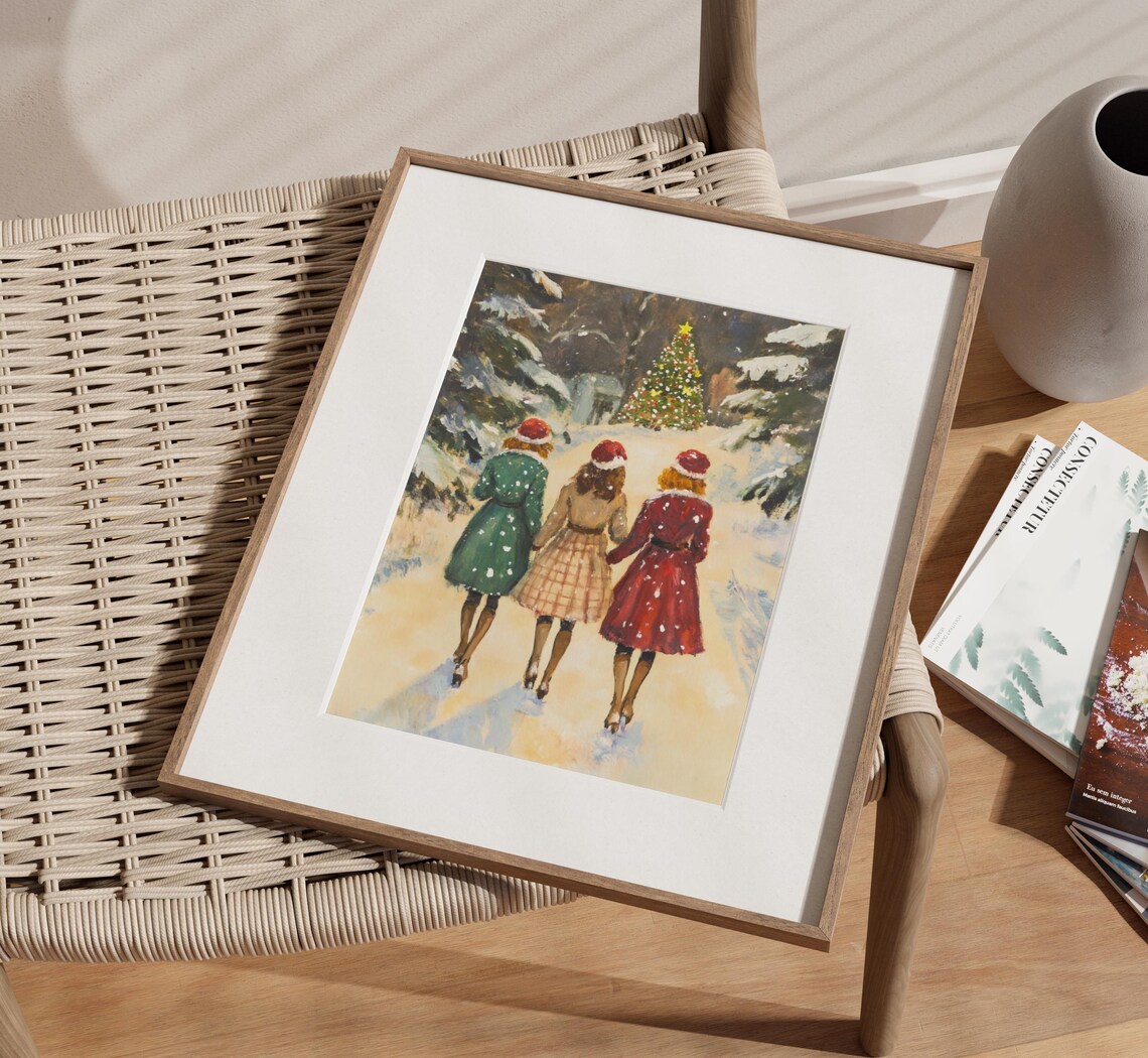 Three Friends Walking Snow Christmas Tree Vintage Painting Poster - Image 3