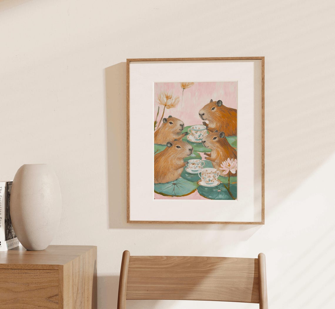Cute Four Whimsical Capybaras Tea Party On Pink Lily Pads Poster - Image 3