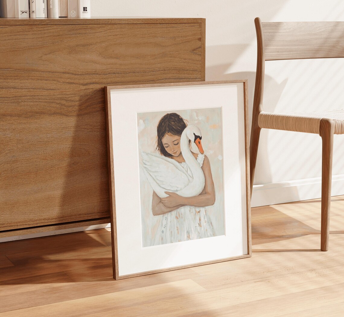 Girl Hugging Swan White Dress Sweet Watercolor Nursery Wall Art