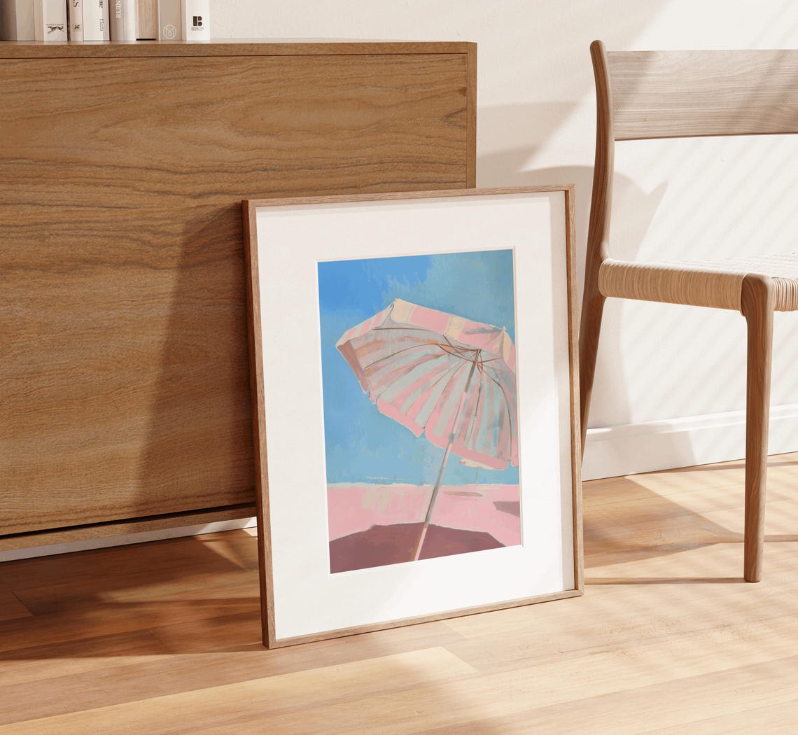 Pink Striped Beach Umbrella On A Sunny Beach Blue Sky Poster - Image 2