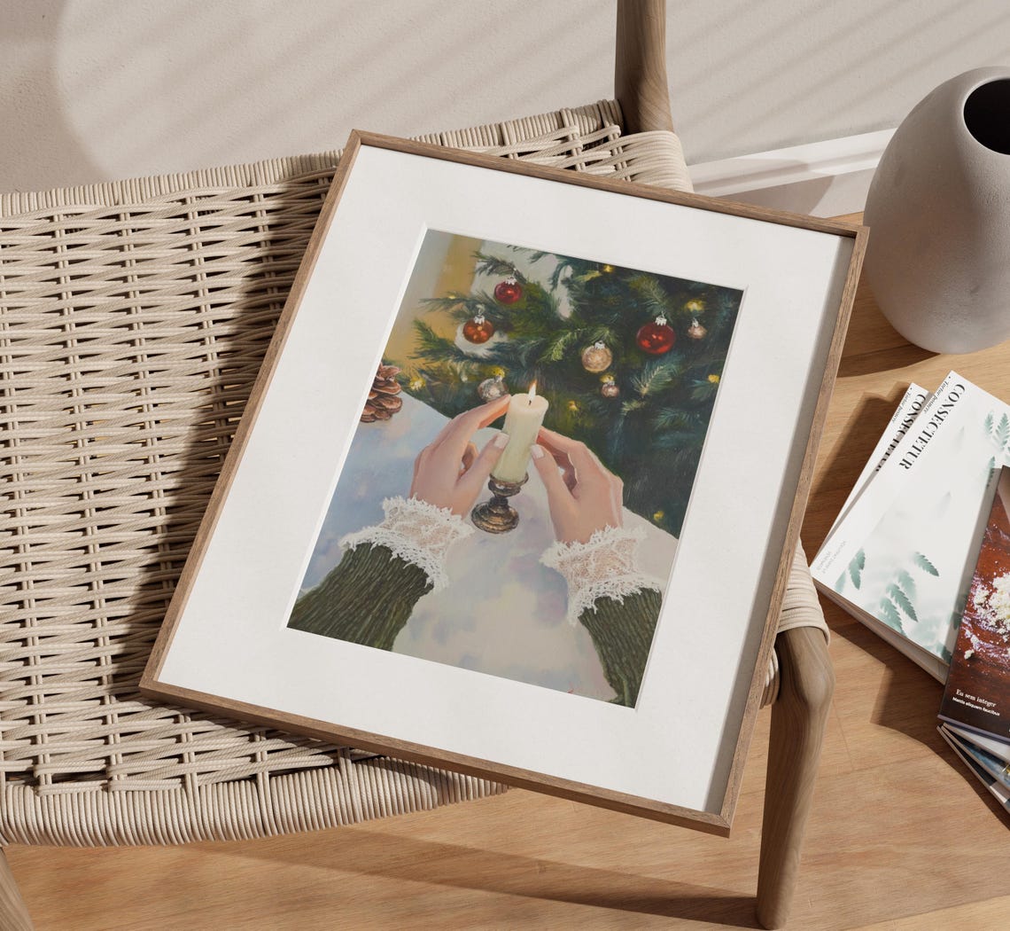 Woman Holding Lit Candle Before Christmas Tree Warm Glow Poster - Image 3