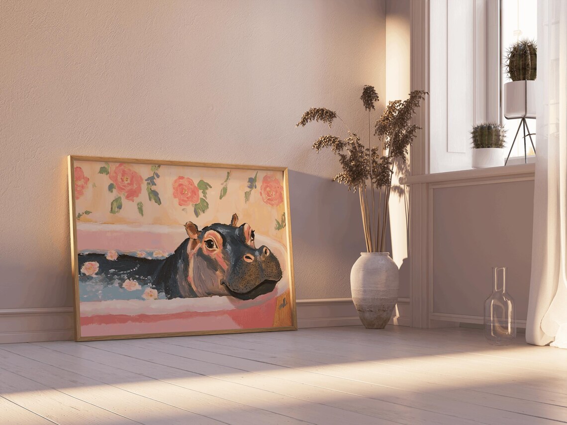 Baby Hippo In A Vintage Bathtub, Bath Wall Art