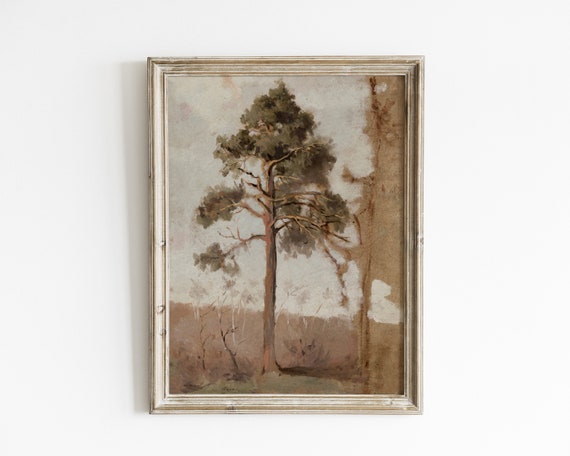 Pine Tree Print Vintage Rustic Tree Painting Neutral Vintage Pine Forest Wall Art Evergreen Art Print Wall Art