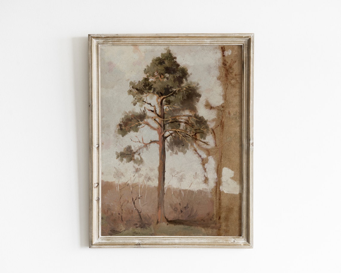 Pine Tree Print Vintage Rustic Tree Painting Neutral Vintage Pine Forest Wall Art Evergreen Art Print Wall Art