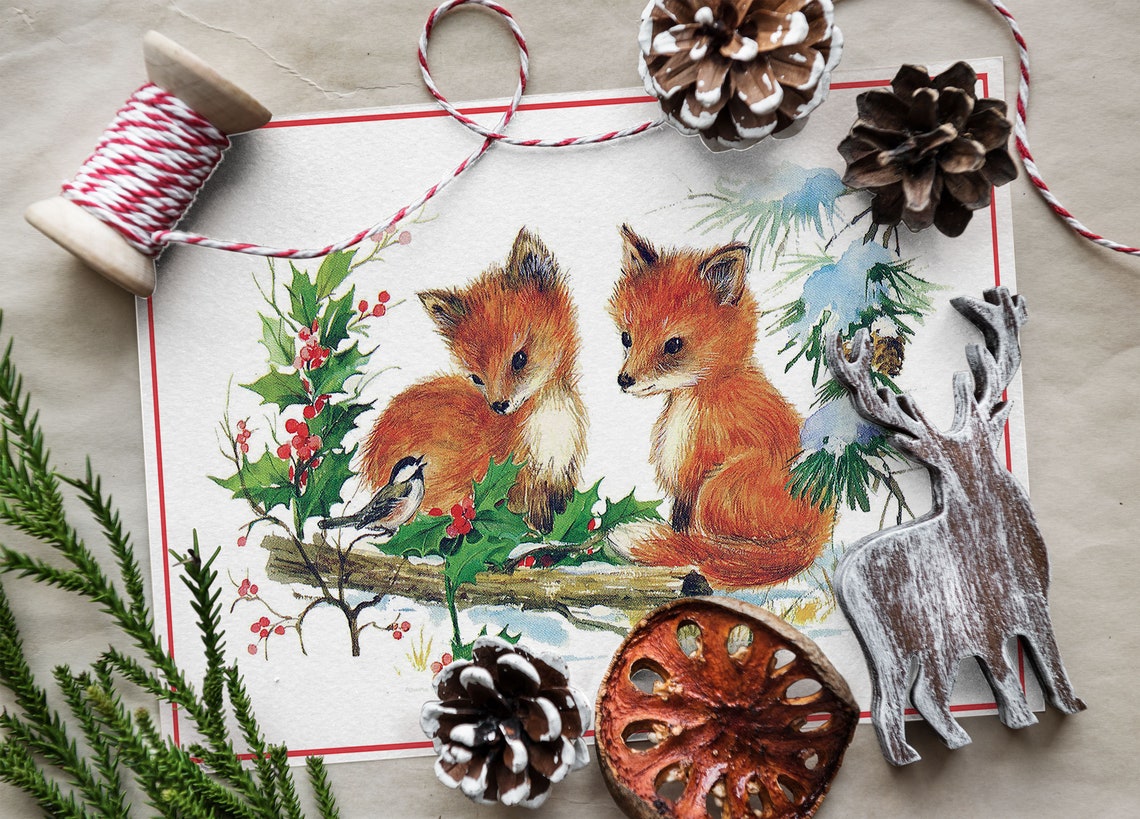 Vintage Christmas Card Art Two Fox Cubs Holly Snowy Winter Poster - Image 2