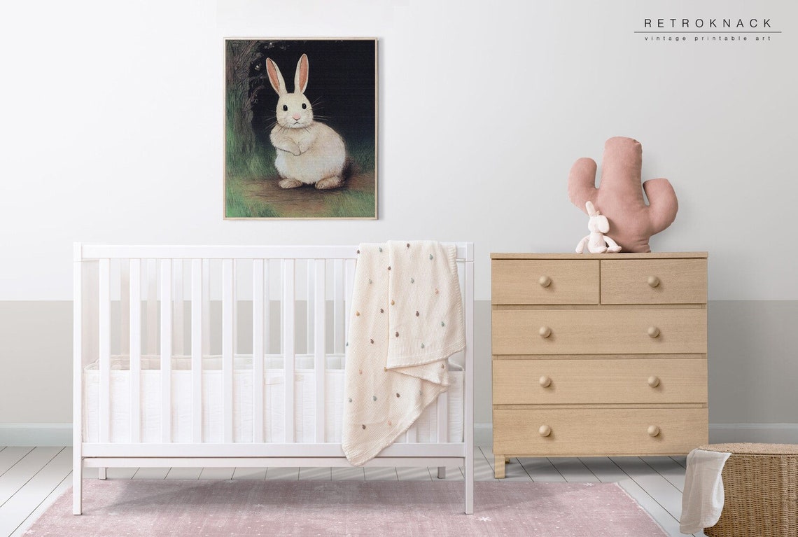 Enchanted Night Forest White Bunny Rabbit Dark Woods Storybook Print - Image 3