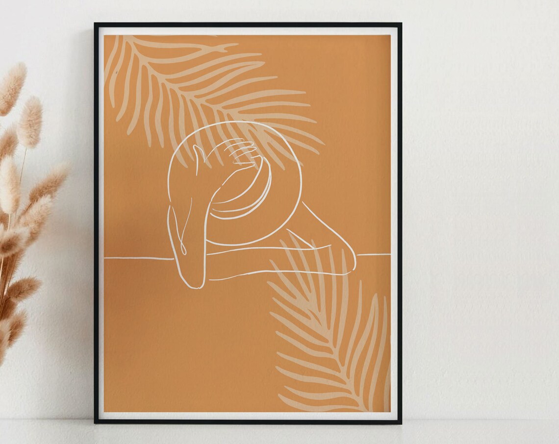 Boho Minimalist Woman Line Art Terracotta Palm Leaves Decor Poster
