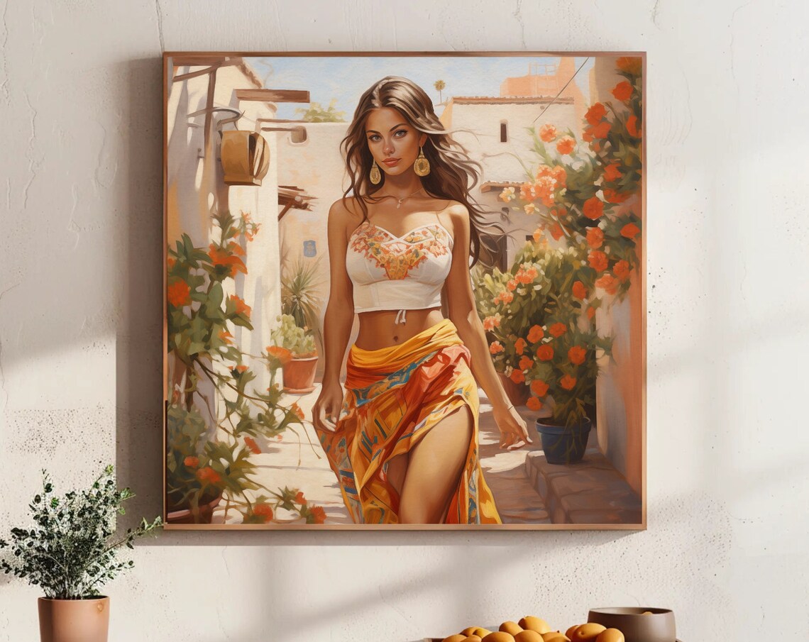 Sunlit Mexican Woman Strolling a Flower Filled Village Alley Poster