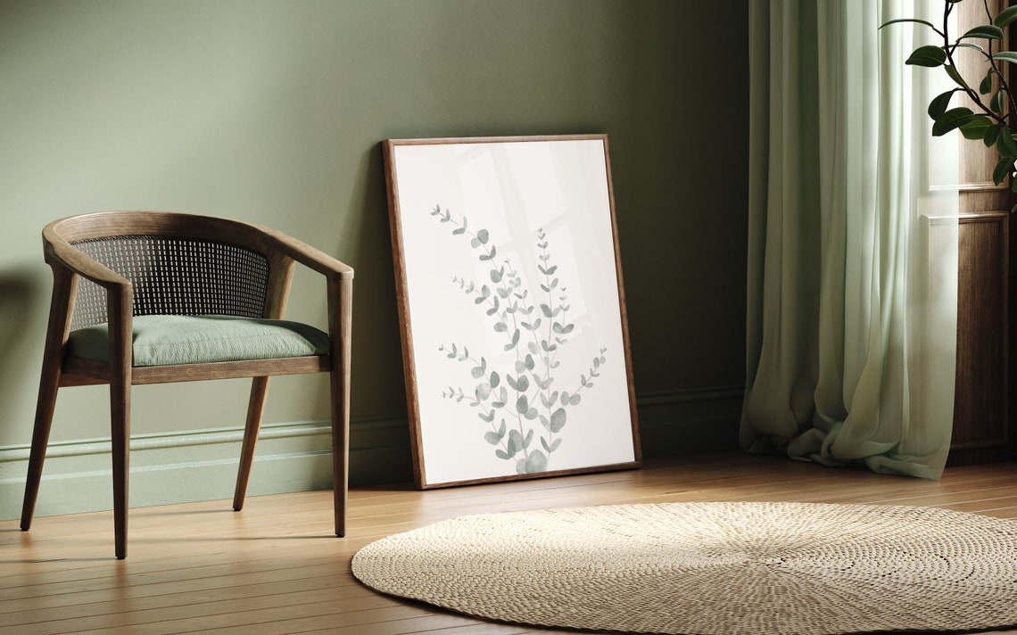 Minimalist Eucalyptus Branch Watercolor Botanical Living Room Wall Art - Image 2