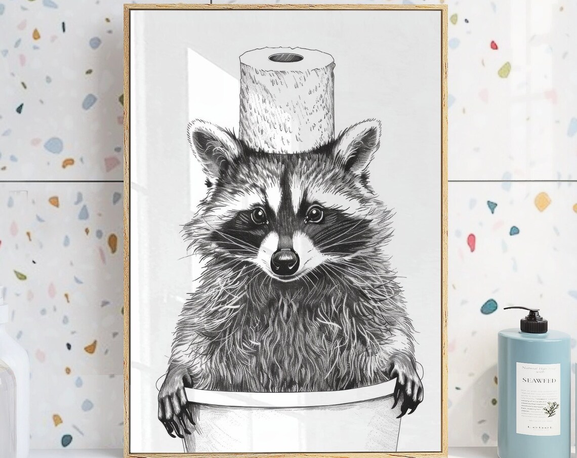 Playful Raccoon Bathroom Art Quirky Toilet Paper Wall Decor Fun Animal Print For Kids Bathroom Bathroom Art Adorable Toilet Decor