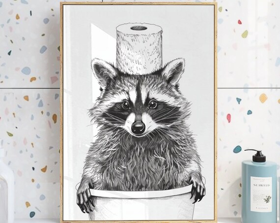 Raccoon in Toilet with Toilet Paper Black White Funny Bathroom Poster