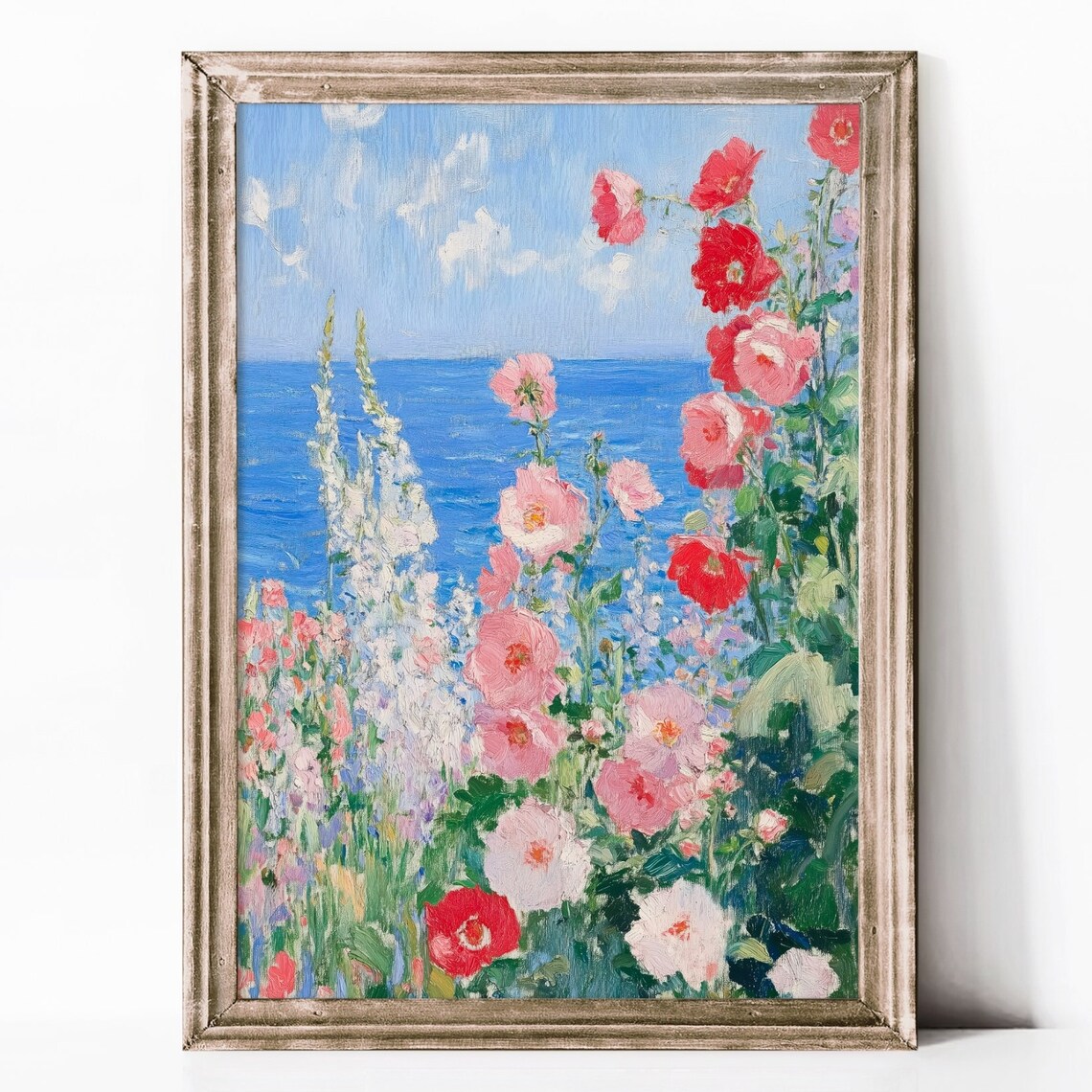 Hollyhocks Overlooking Blue Ocean Impressionist Coastal Wall Art