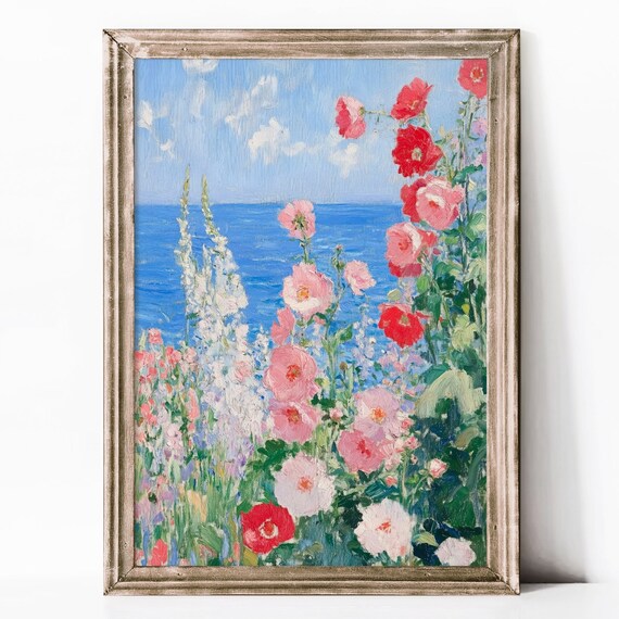 Hollyhocks Overlooking Blue Ocean Impressionist Coastal Wall Art