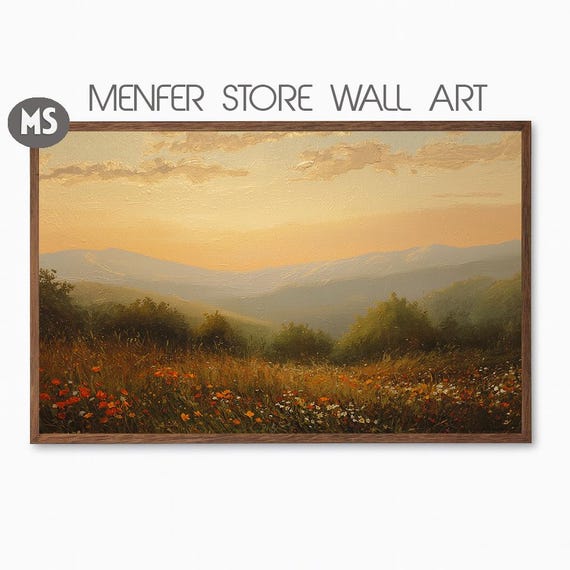 Golden Meadow Sunset Wall Art Countryside Landscape Painting Warm Nature