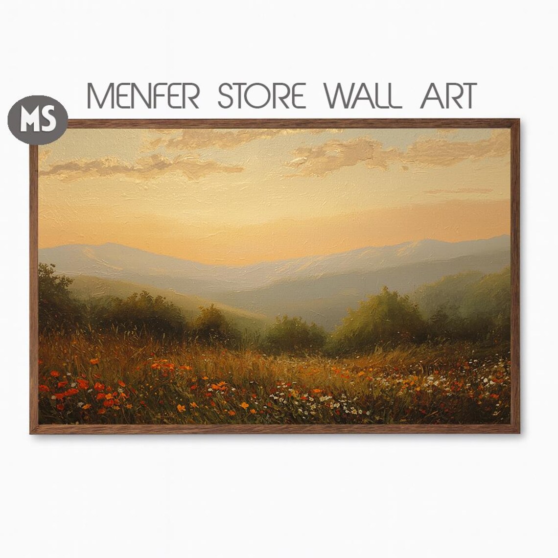 Golden Meadow Sunset Wildflowers Mountain Valley Oil Painting Poster