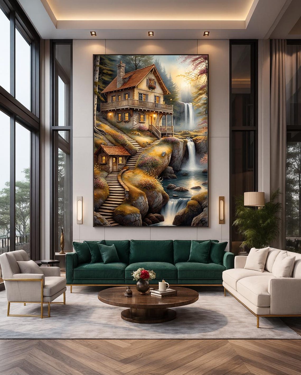 Waterfall Hillside Cottage Print Rustic Stone House Nature Scene Mountain Wall Art