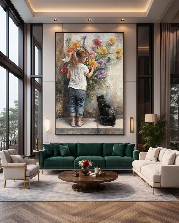 Girl With Black Cat And Flowers Vintage Impressionist Painting Poster
