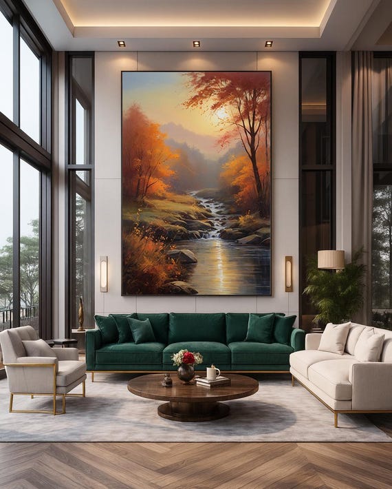 Autumn River Sunset Golden Trees Flowing Stream Misty Oil Painting Print