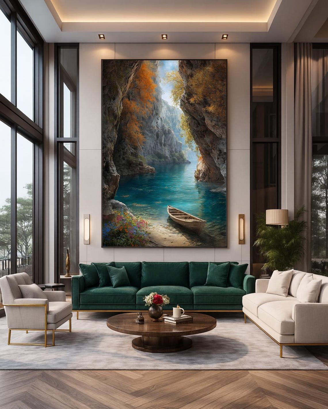 Turquoise Canyon River Wooden Boat Autumn Cliffs Landscape Poster