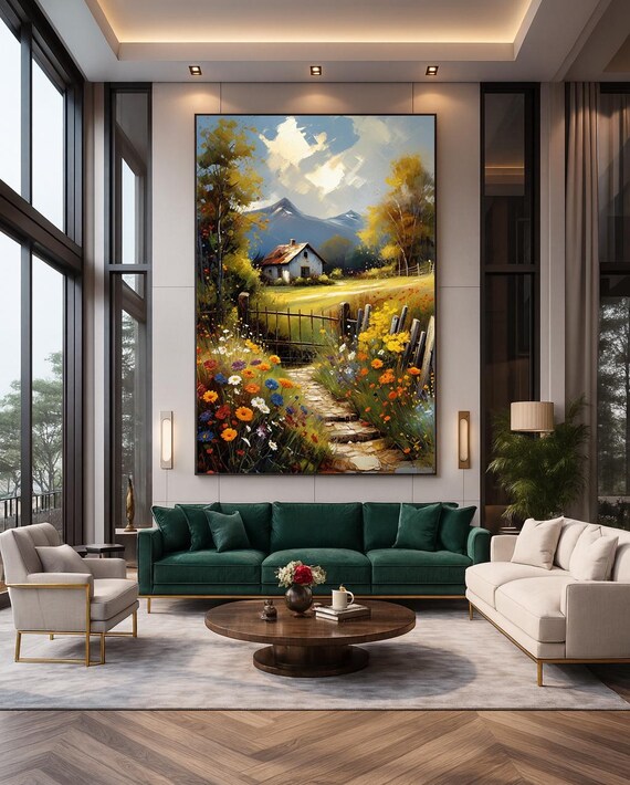 Rustic Cottage Garden Flower Path Wooden Gate Hillside Oil Painting Print