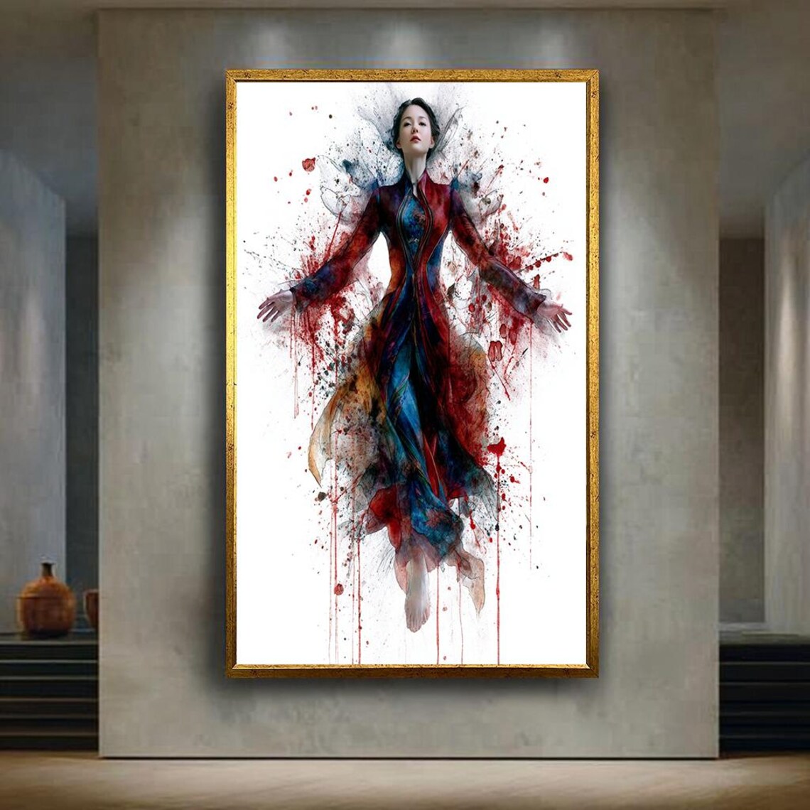 Abstract Ink Splash Woman Red Blue Watercolor Modern Female Energy Poster