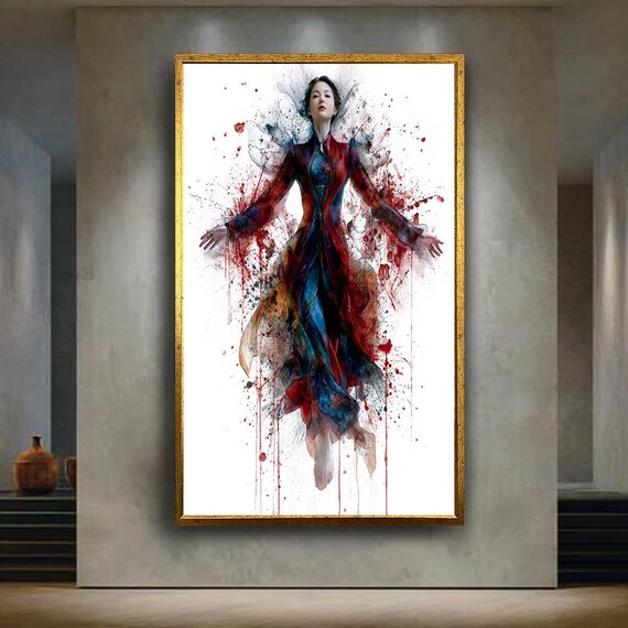 Abstract Ink Splash Woman Red Blue Watercolor Modern Female Energy Poster