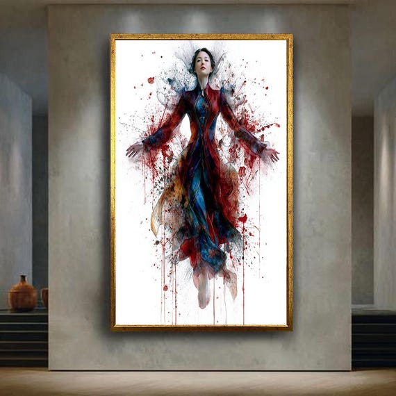 Abstract Powerful Woman Wall Art Print Red And Blue Splash Ink Style Female Energy Poster For Modern Decor Gifts