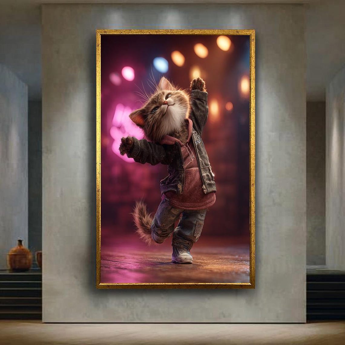 Dancing Kitten Neon Pink Stage Streetwear Swagger Groove Wall Art