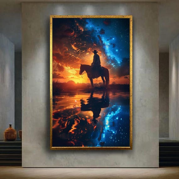 Cowboy Sunset Horseback Canvas Wall Art Western Rider Silhouette Under Starry Sky Rustic Country Home Decor For Living Room