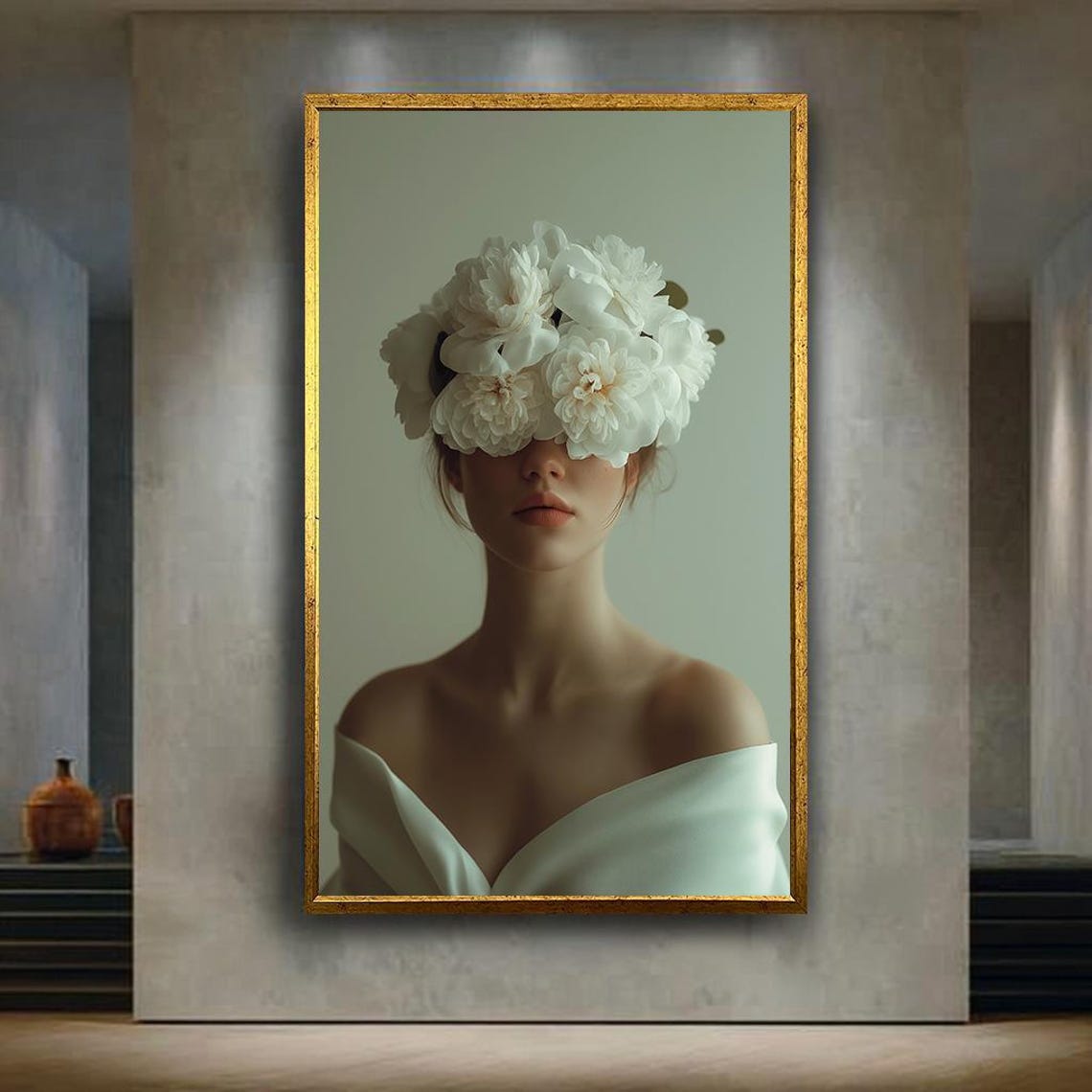 Minimalist Woman White Peony Flowers Elegant Floral Portrait Poster
