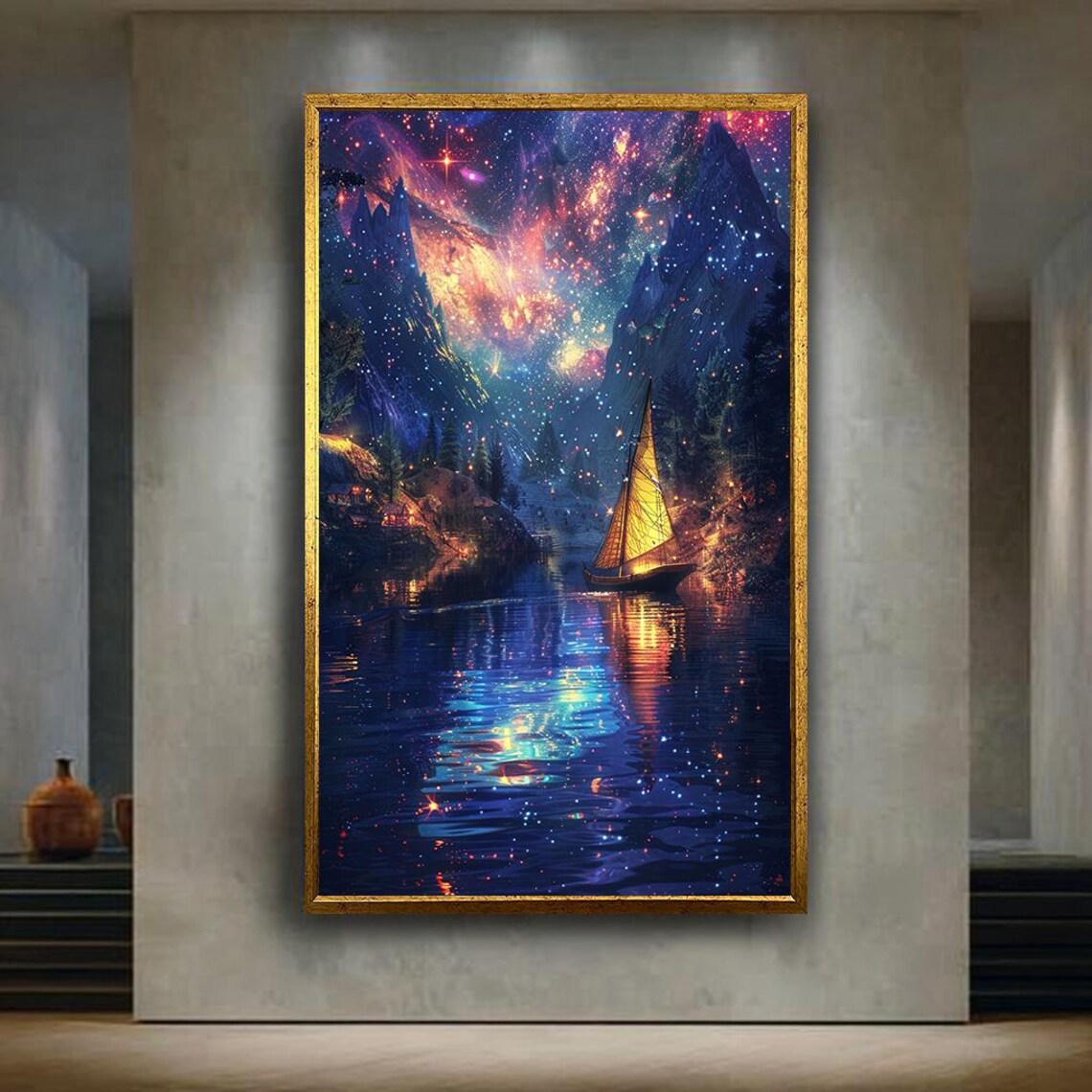 Fantasy Night Sailboat With Glowing Sails Under Starry Galaxy Print