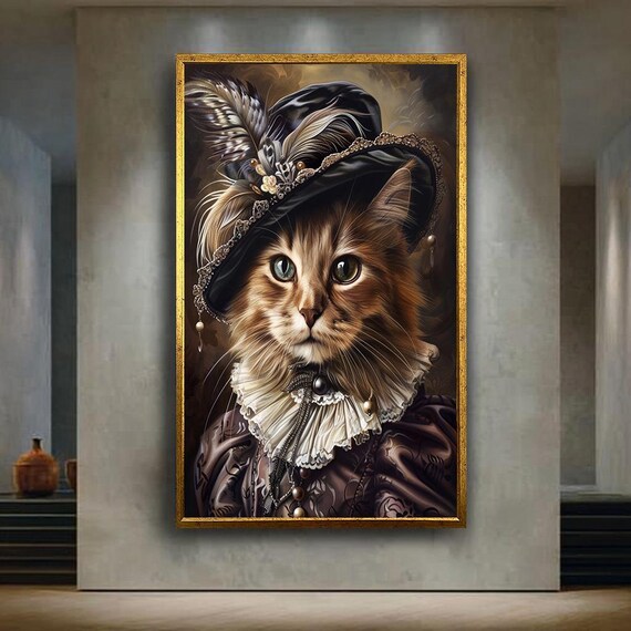 Baroque Cat Portrait Feathered Hat Pearls Elegant Funny Wall Art