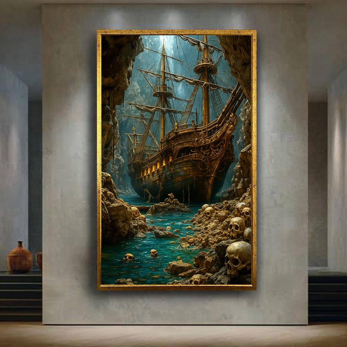 Ghost Pirate Shipwreck In Skull Cave Dark Nautical Fantasy Art Poster