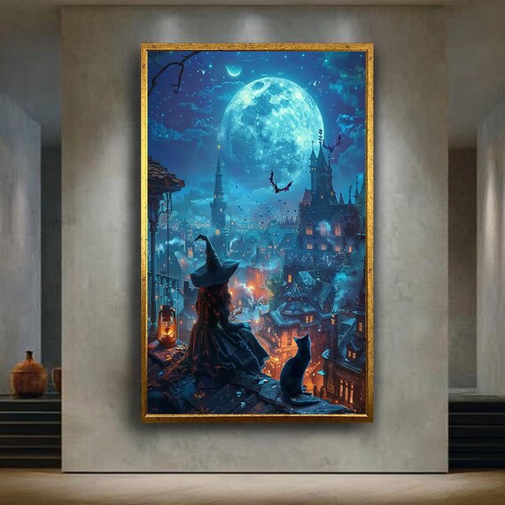 Witch And Black Cat Under Full Moon Canvas Print Magical Gothic City Night Fantasy Art For Halloween Enchanting Home Decor